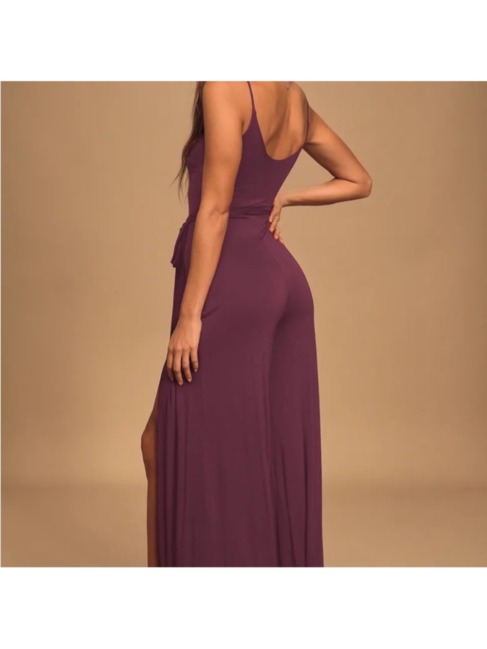 Lulu’s Plum V-Neck Wide-Leg Jumpsuit with Side Slit - Picture 2 of 5